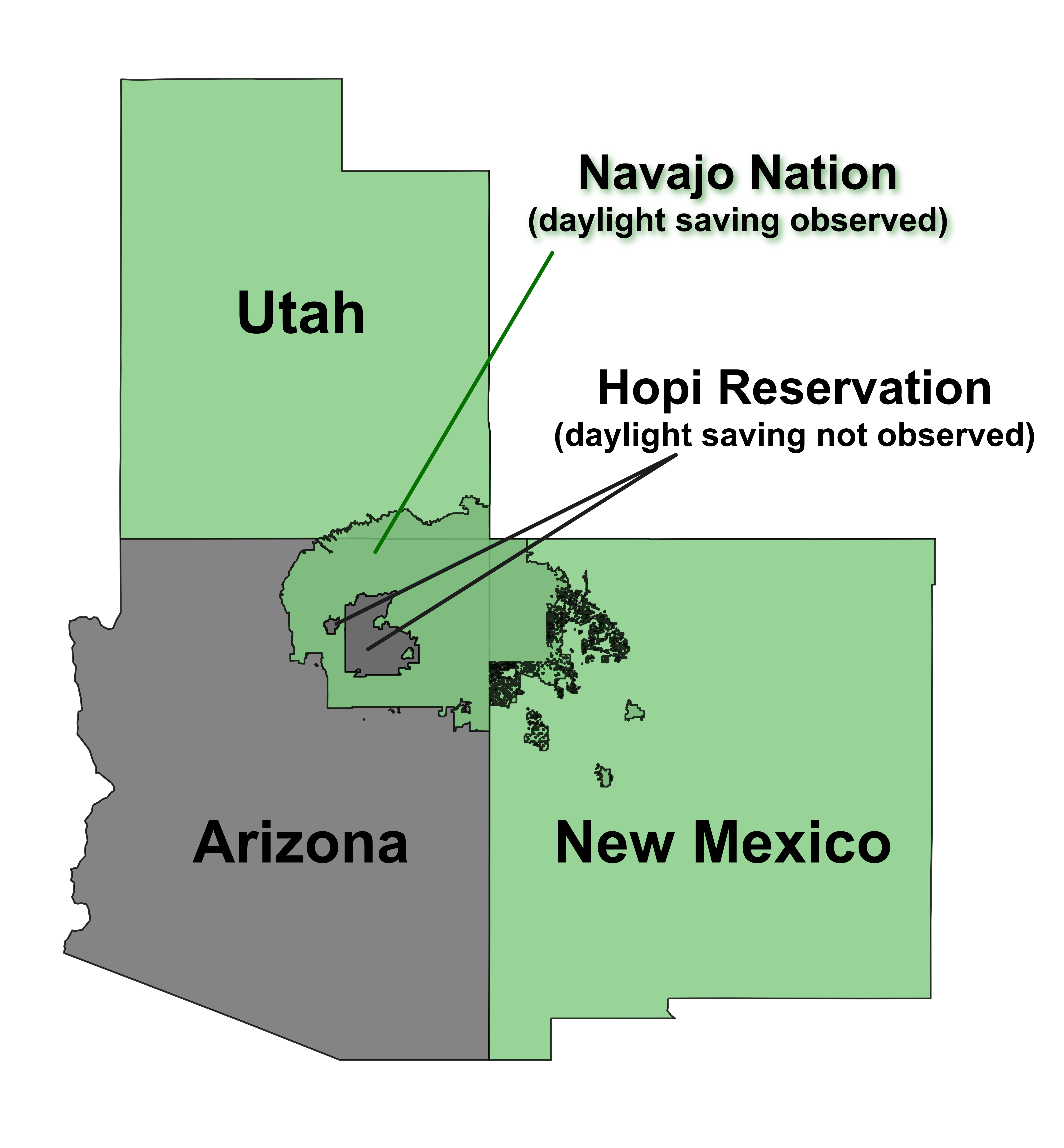 Daylight saving time (DST) observance across Arizona.